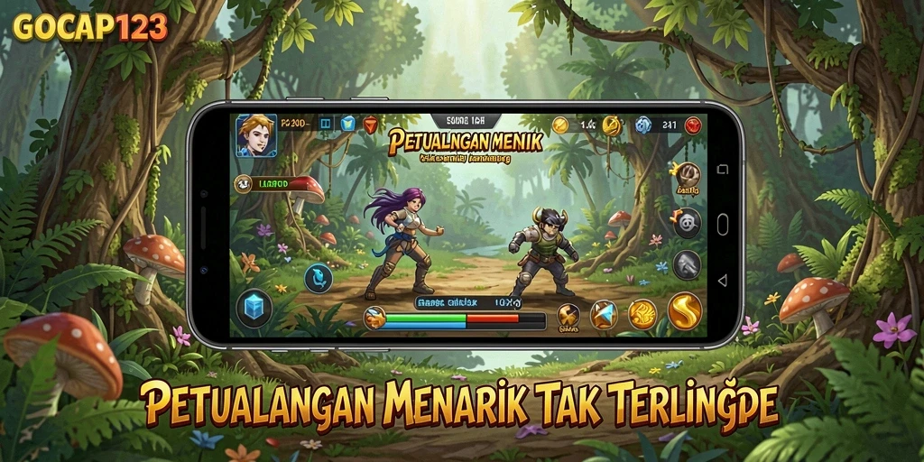 Tangkapan layar menunjukkan karakter utama dalam aksi menakjubkan selama petualangan.