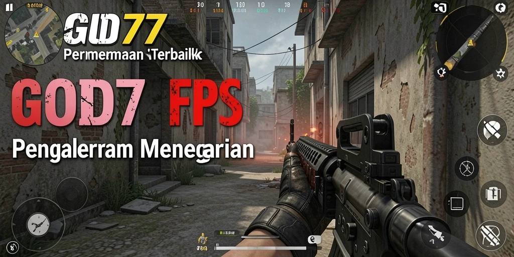 Tampilan gameplay menegangkan dalam GOD77 dengan aksi FPS intens.