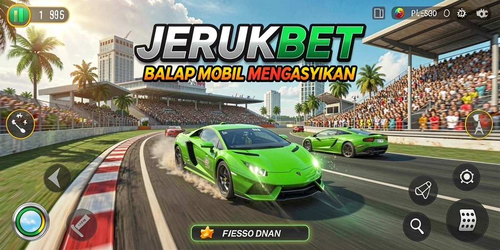 Screenshot gameplay JERUKBET menampilkan mobil balap beraksi di trek yang menantang.