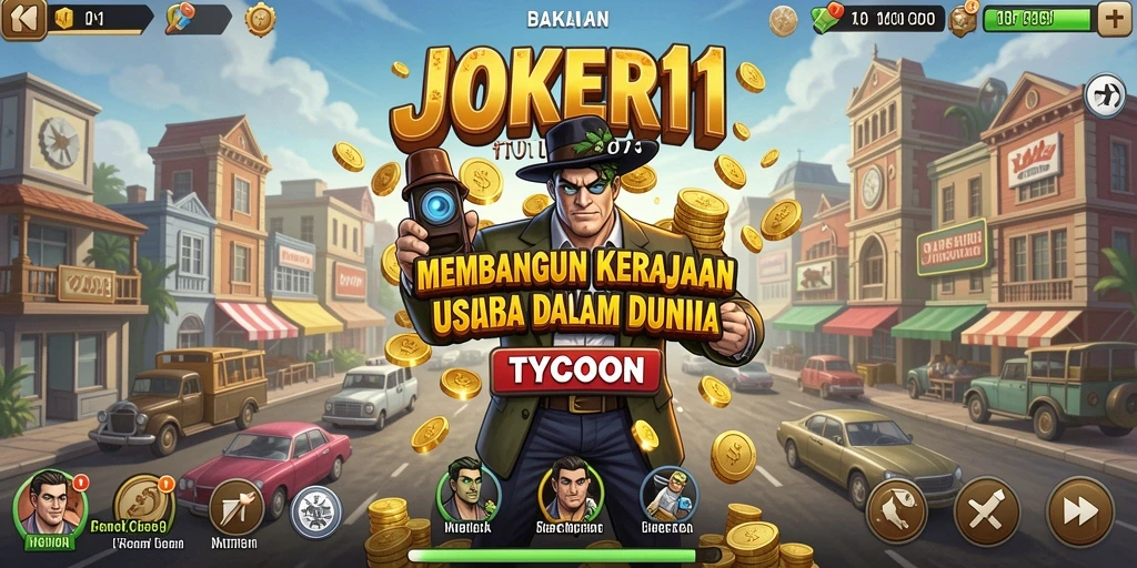 Screenshot utama JOKER11 menampilkan interaksi seru saat membangun kerajaan bisnis.