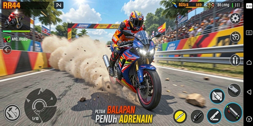 Screenshot gameplay RR44 menampilkan balapan motor yang intens dan menegangkan.